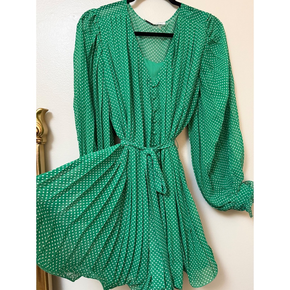 Endless Rose Green Polka Dot Pleated Long Sleeve Wide Leg Romper with Tie Waist - Picture 7 of 16